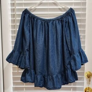 Chambray Off Shoulder Ruffle Tencel Blouse Top Womens SZ 14 LG Blue Boho Peasant